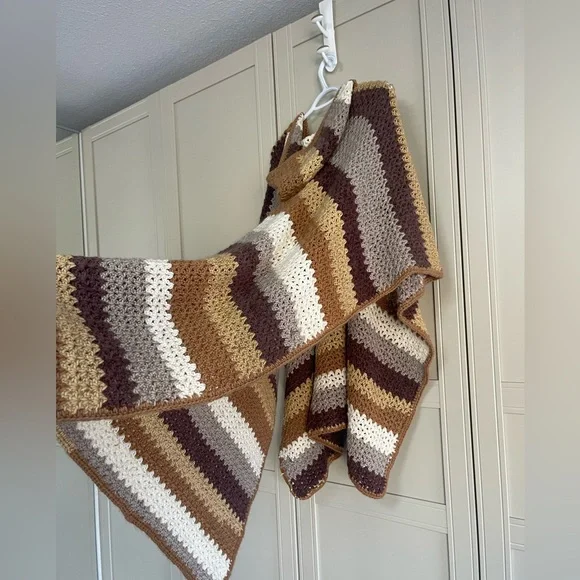 Hand Crochet Striped Cottagecore Boho Folk Hooded Poncho - Picture 4 of 9